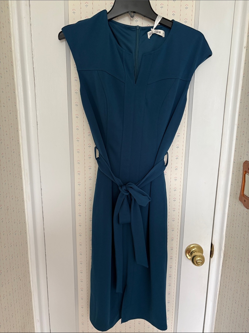 Grace Karin Teal Midi Cap-Sleeve Sheath Dress with Waist Tie